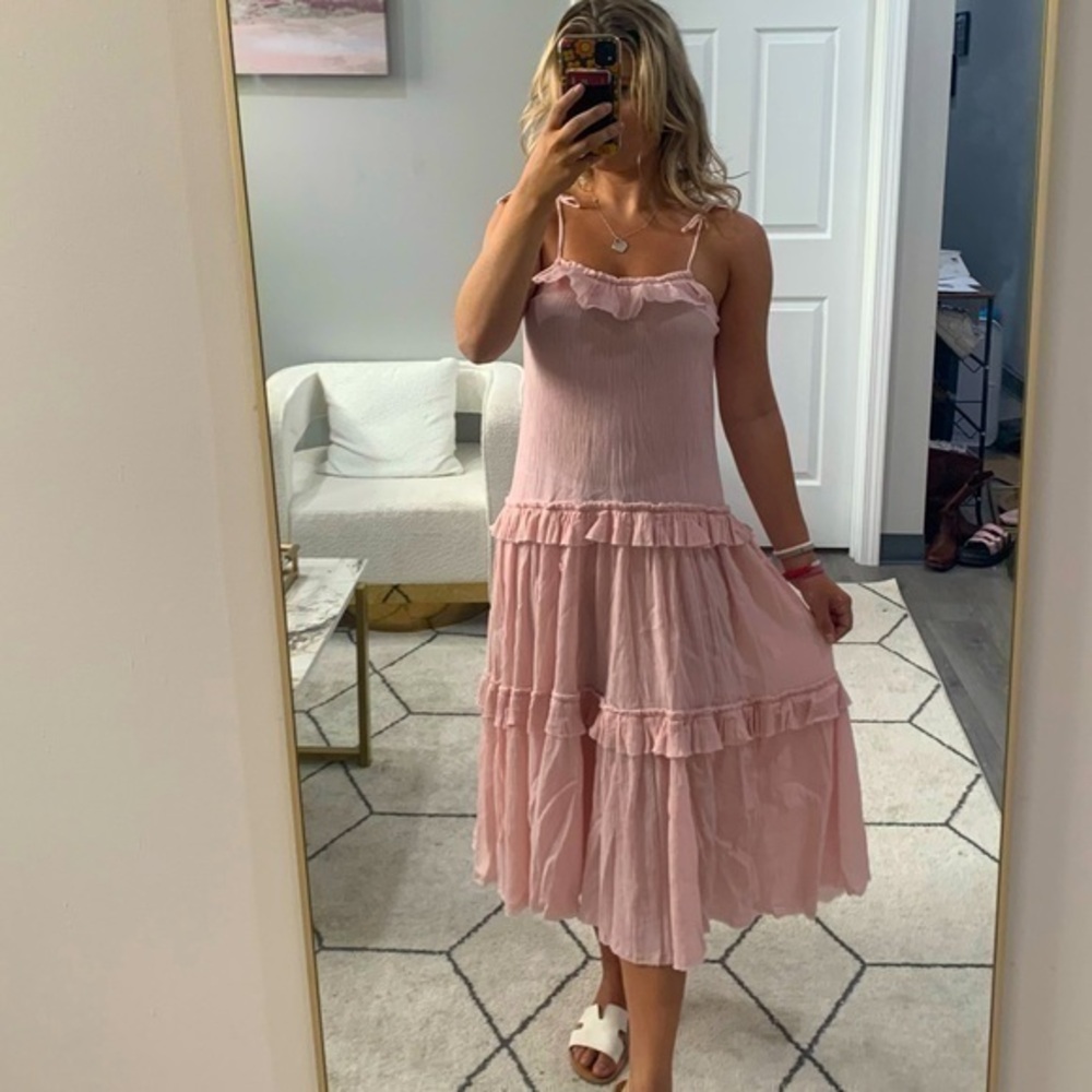✅ P.A.R.O.S.H. Dress Tiered Ruffle Midi in Light Pink